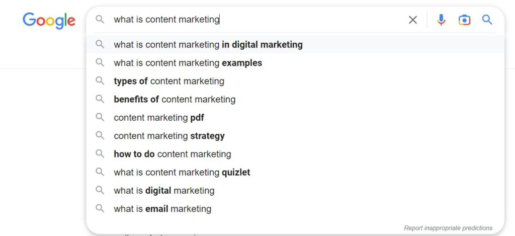 This screen shot shows examples of long-tail keywords and represents one of the ways you can improve search for your website to help you meet content marketing goals.