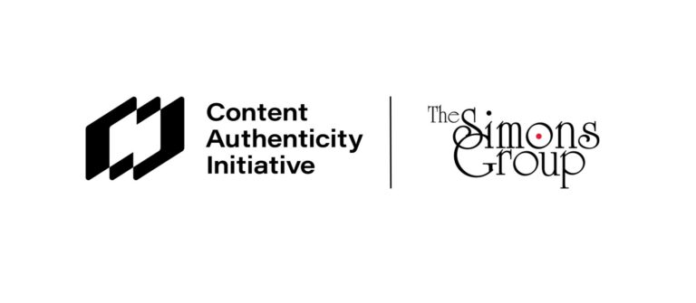 Logos from the Content Authenticity Initiative (CAI) and The Simons Group represent The Simons Group's membership in the CAI to promote authentic storytelling.