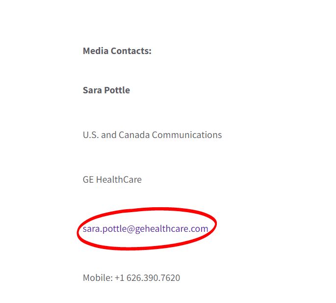 The bottom of a press release on the GE HealthCare website shows a company contact's email.