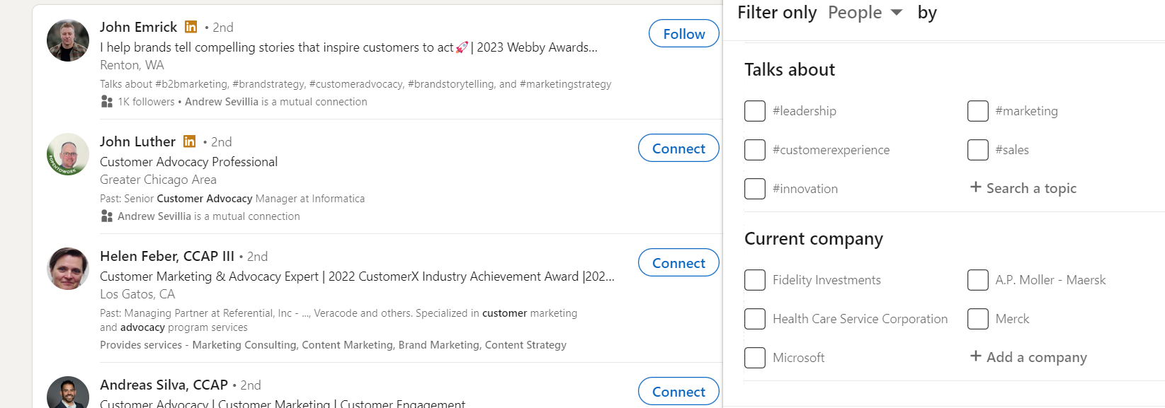 LinkedIn may provide thousands of subject experts for a given topic. Refine results by using built-in filters, like these.