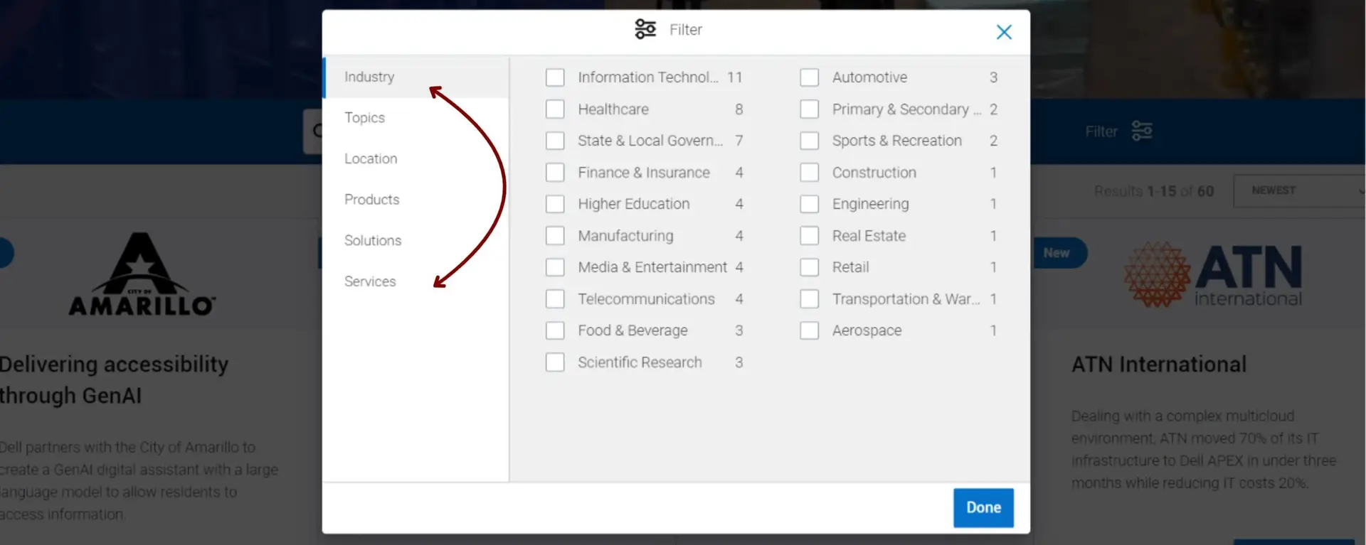 A screen capture from Dell Technologies represents how the company uses filters for its B2B case studies.