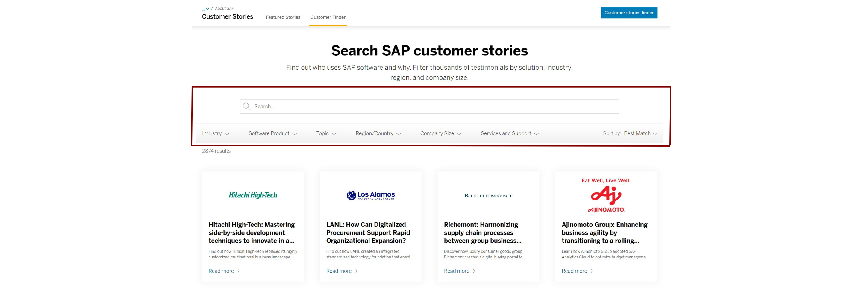 A screen capture for SAP's B2B case studies represents how the company uses filters to help people home in on specific categories.