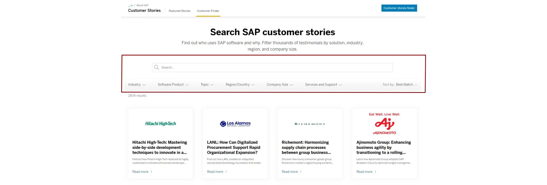 A screen capture for SAP's B2B case studies represents how the company uses filters to help people home in on specific categories.