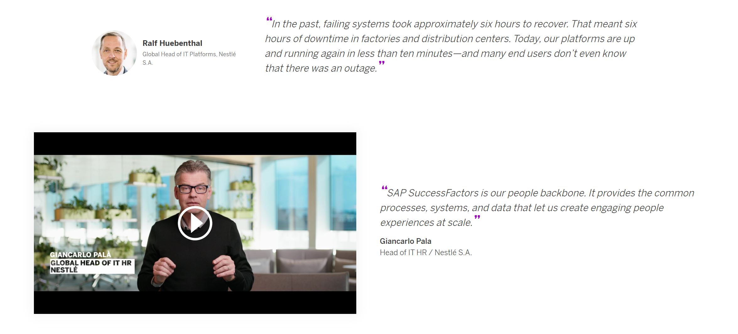 A screen capture from an SAP case study shows how video and client testimonials add interest.