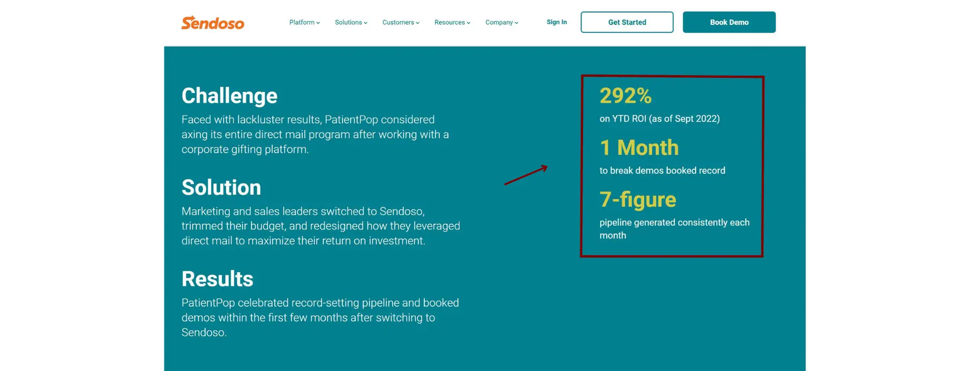 A screen capture for a Sendoso case study represents how to make a big statement with minimal text.