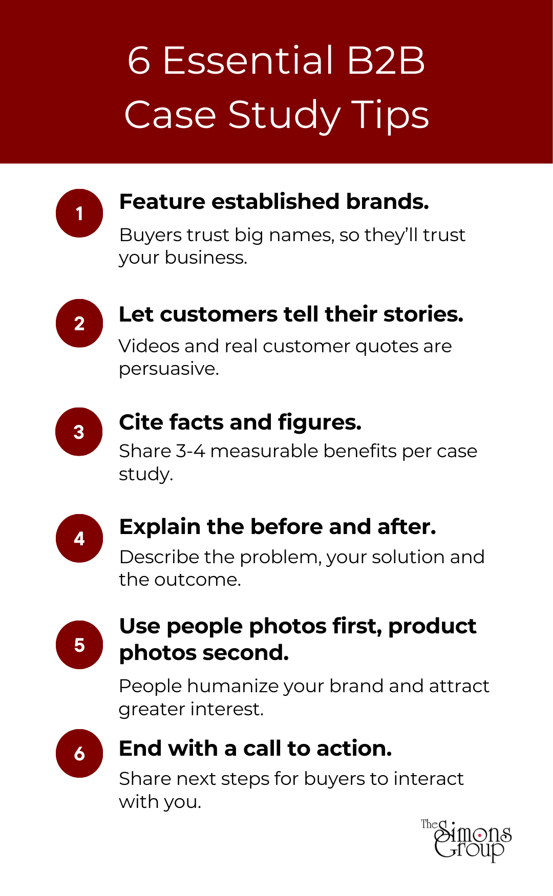 A list of 6 B2B case study tips represents best practices for customer stories.