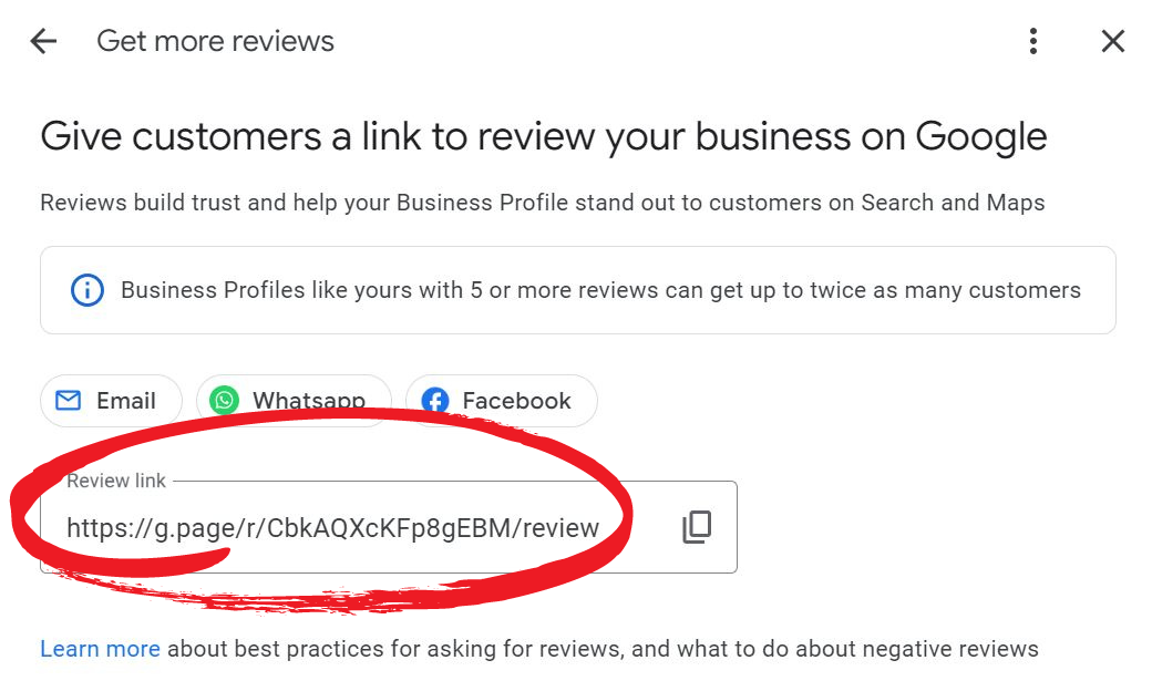 A sample link from Google represents how easy is to ask customers for reviews.