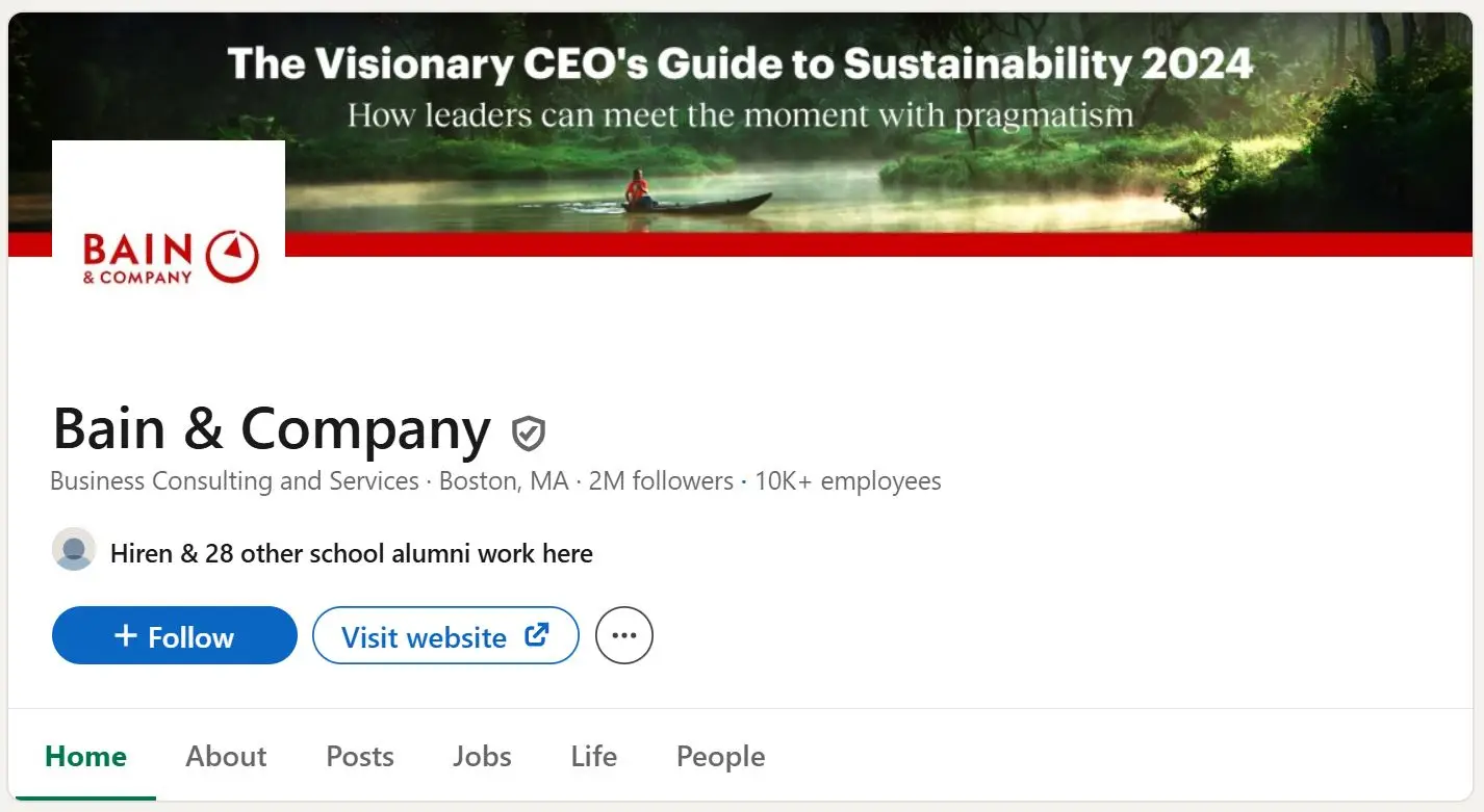 A screenshot from Bain & Co.'s B2B LinkedIn page underscores LinkedIn's dominance.