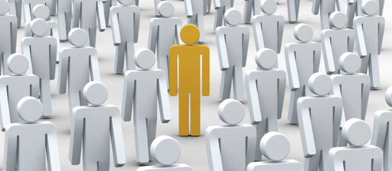 A graphic of one yellow figure among many gray figures represents the importance of human expertise in AI content.