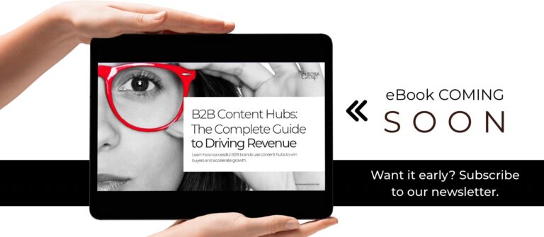 An image of a woman with glasses featured on an ipad represents a preview of a B2B content hub e-book from The Simons Group.