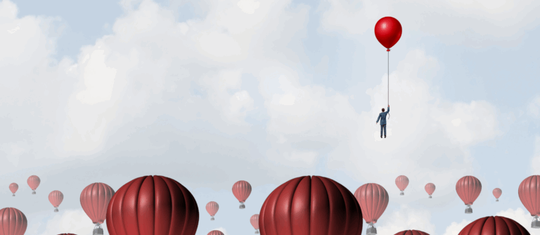 A graphic of parachutes and balloons in the sky and a man hanging onto one represents the challenge of getting leadership to approve your marketing budget.