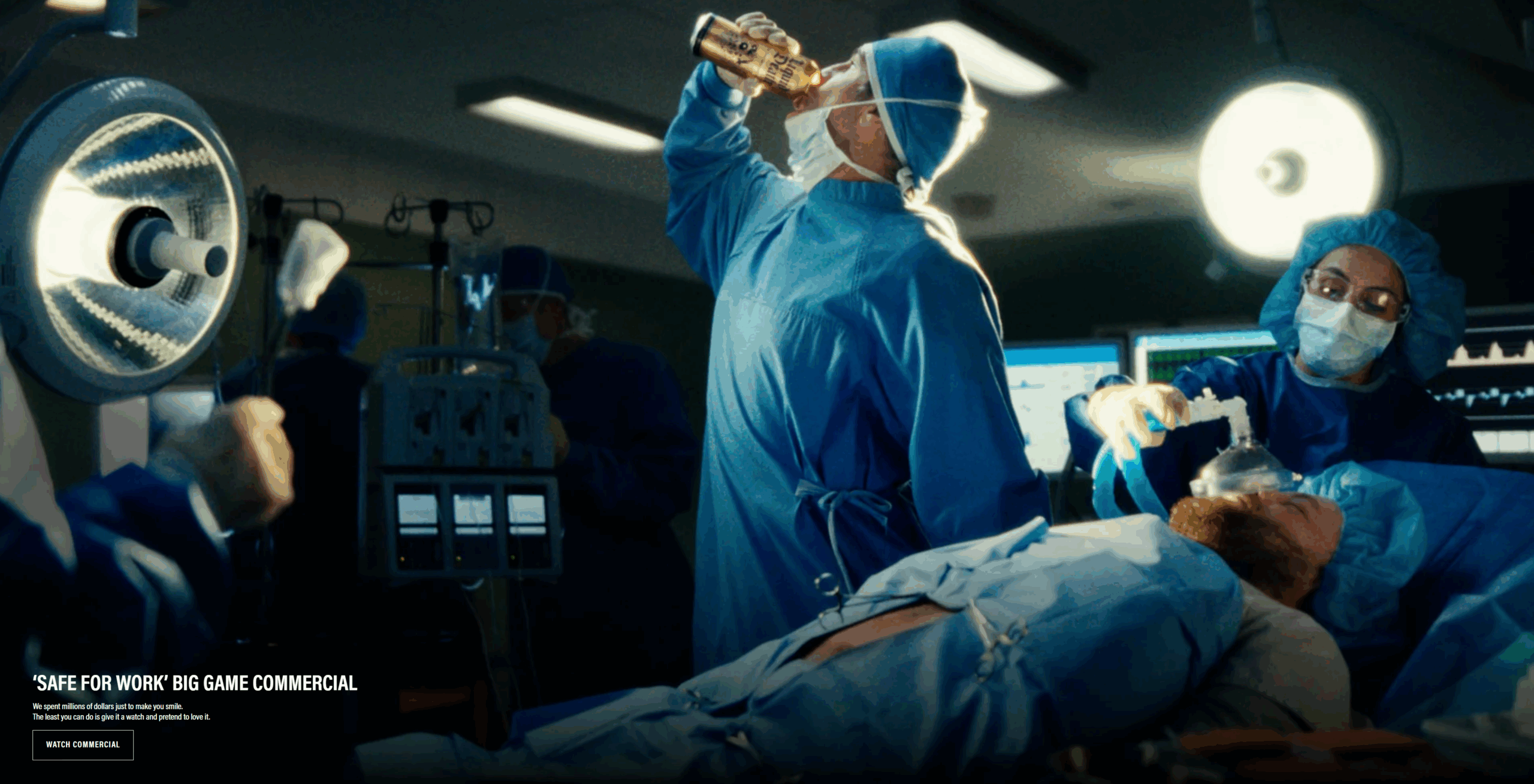 A screenshot of surgeons in an operating room and one drinking Liquid Death canned water represents how humor makes consumer brands memorable.