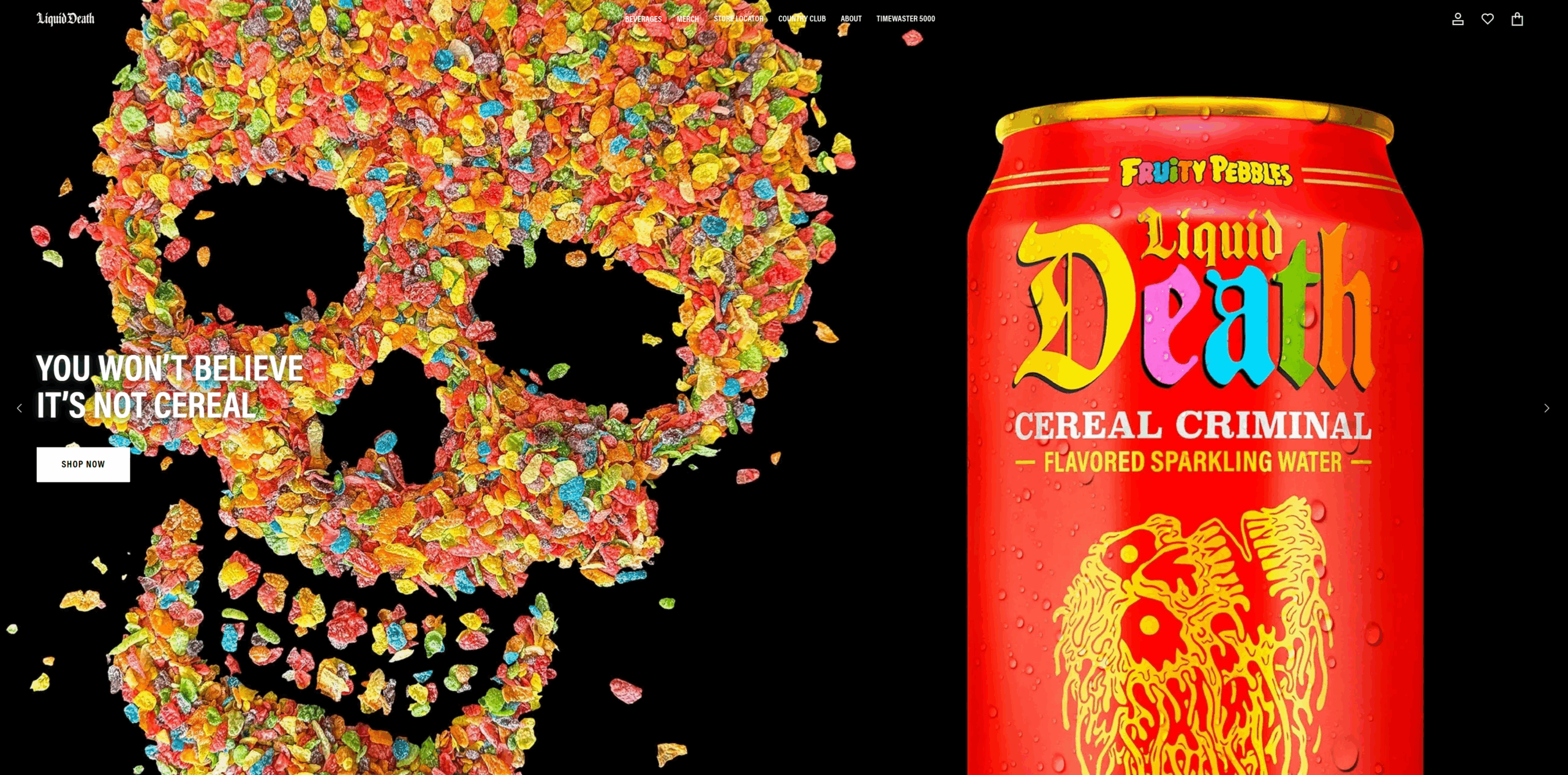 A screenshot of canned Cereal Criminal water from Liquid Death's website underscores the power of humor in consumer brand marketing.