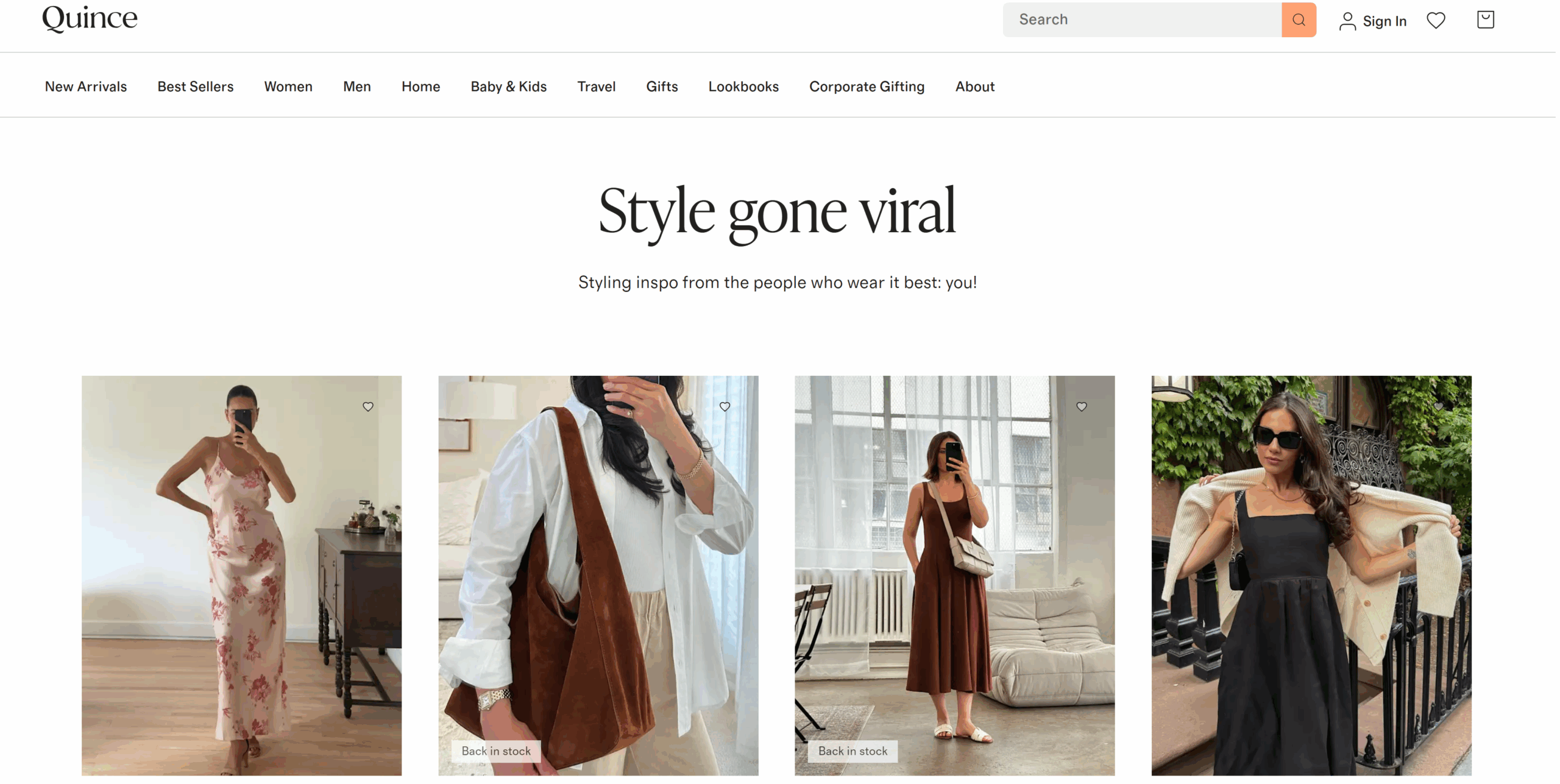 A screenshot from the website of consumer brand Quince underscores how the company shines in user-generated content.