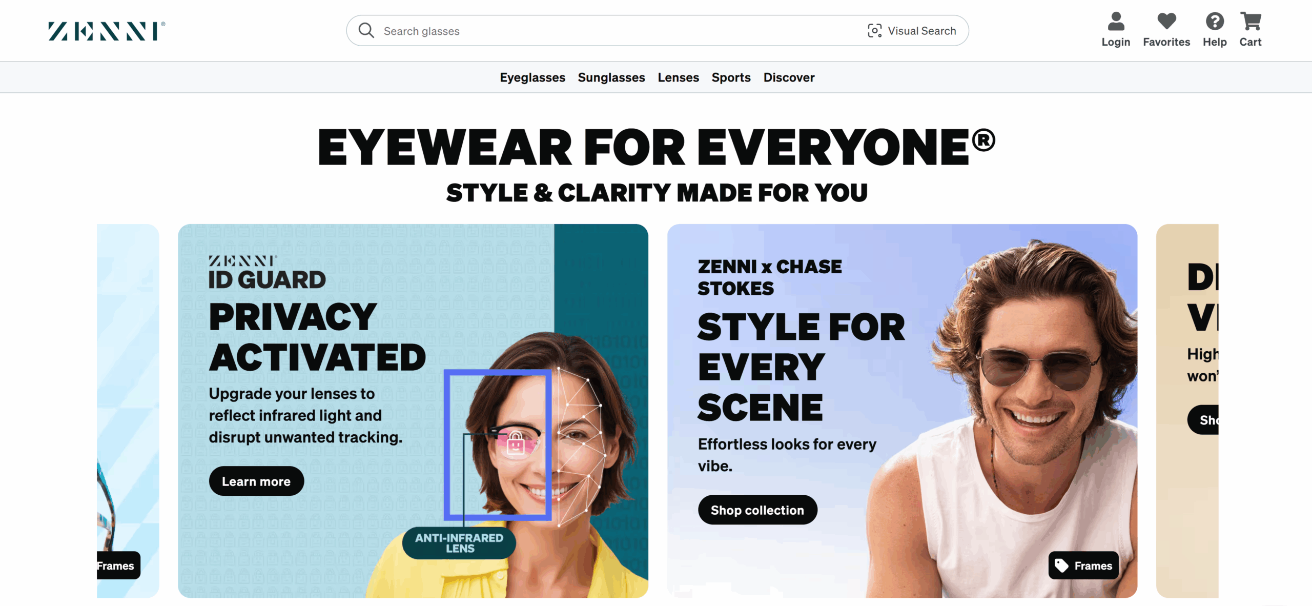 A screenshot from Zenni Optical's website and the tagline, "Eyewear for Everyone" represents one of the ways consumer brands shine in their marketing.