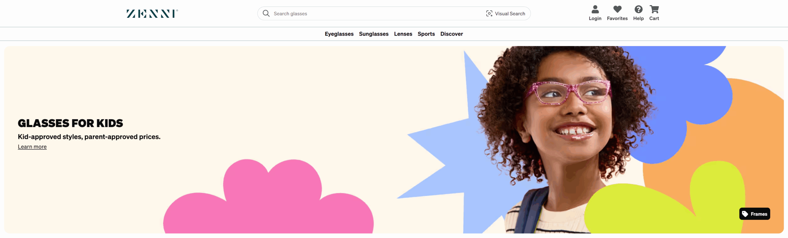 A screenshot from consumer brand Zenni Optical's website underscores how the company leads with bold personality.