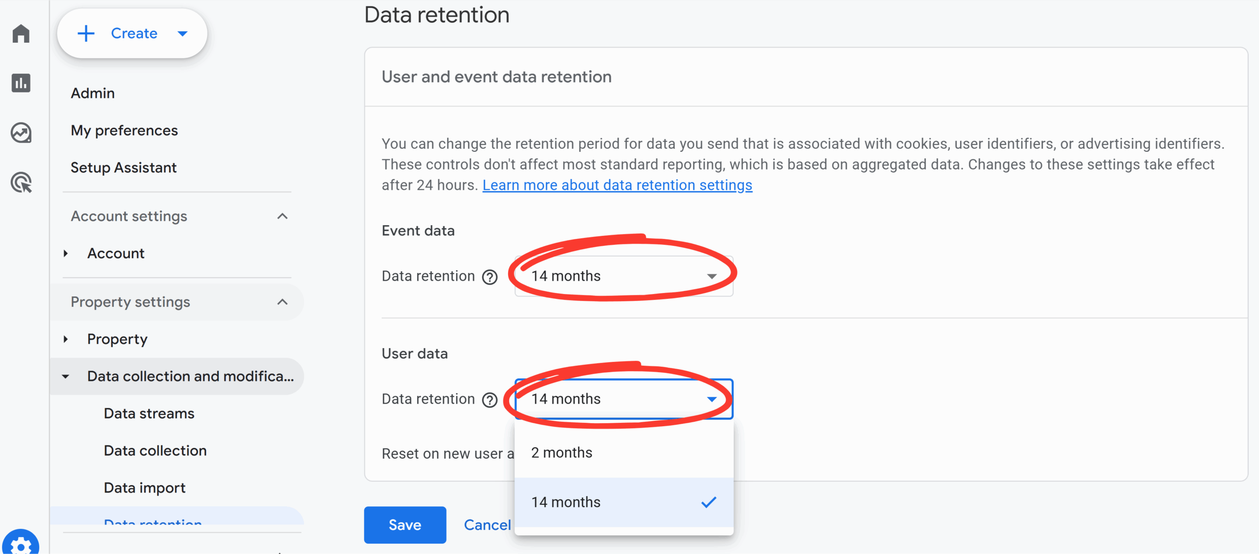 Screenshot of the Google Analytics 4 "Data retention" settings, showing the "14 months" option selected for user and event data. This is an important step for a successful content audit.