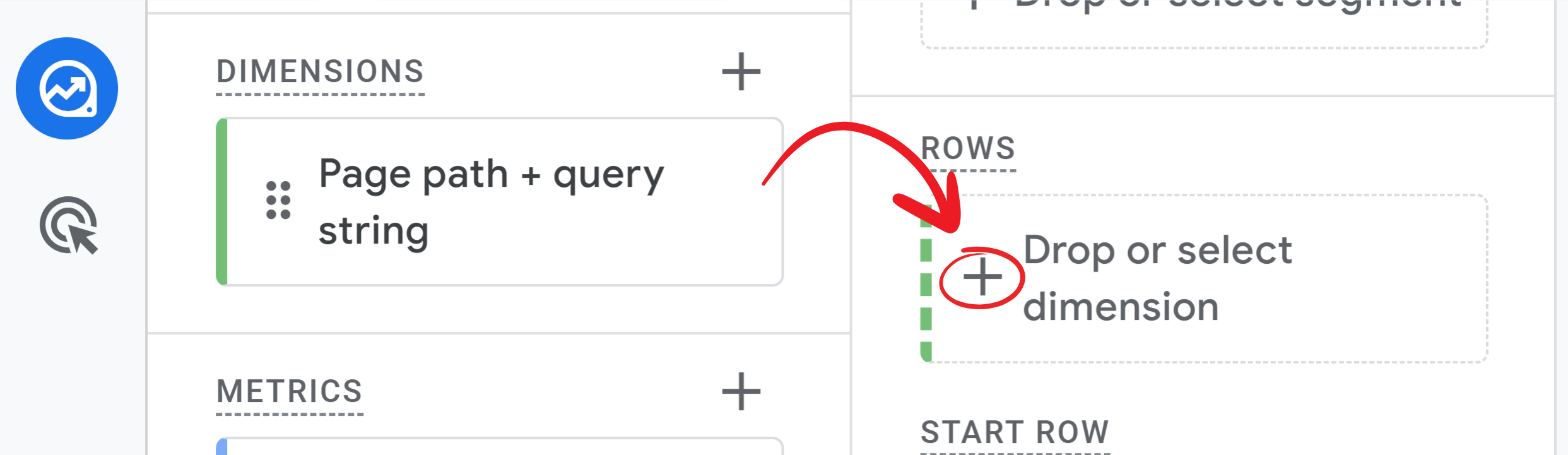 Screenshot of the "Exploration" report in GA4, with the "Page path + query string" dimension being dragged to the "Rows" section for a content audit.