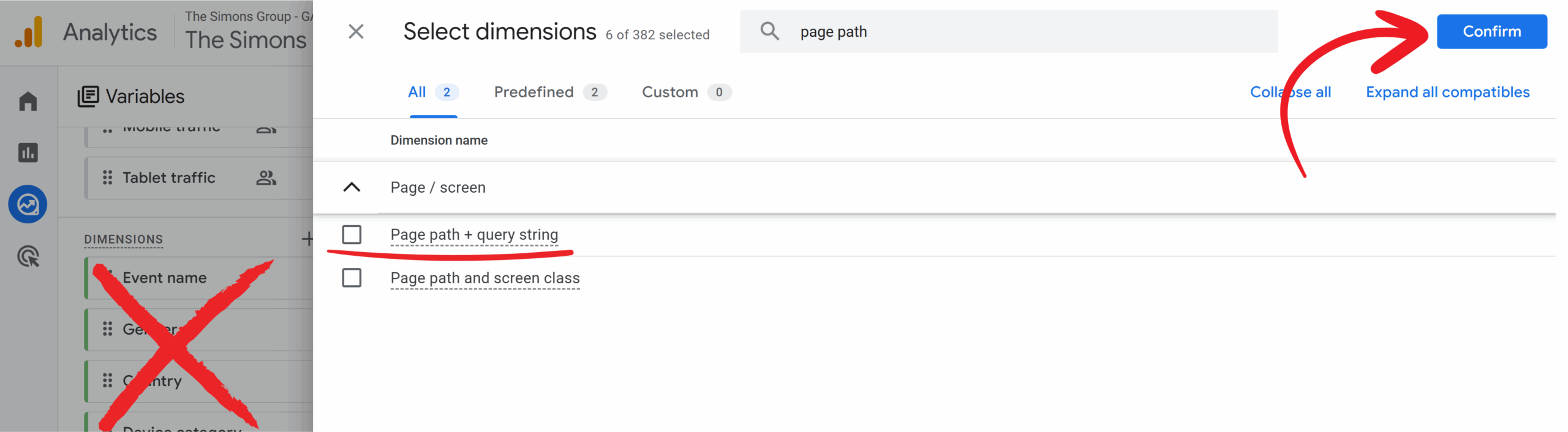 Screenshot of the "Select dimensions" screen in Google Analytics 4, showing the "page path + query string" option highlighted. This is a step in a content audit.