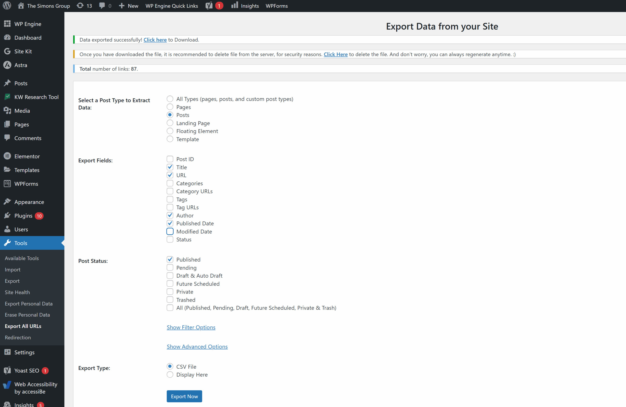 Screenshot of a WordPress plugin dashboard with options to export post data, a crucial step for a content audit.