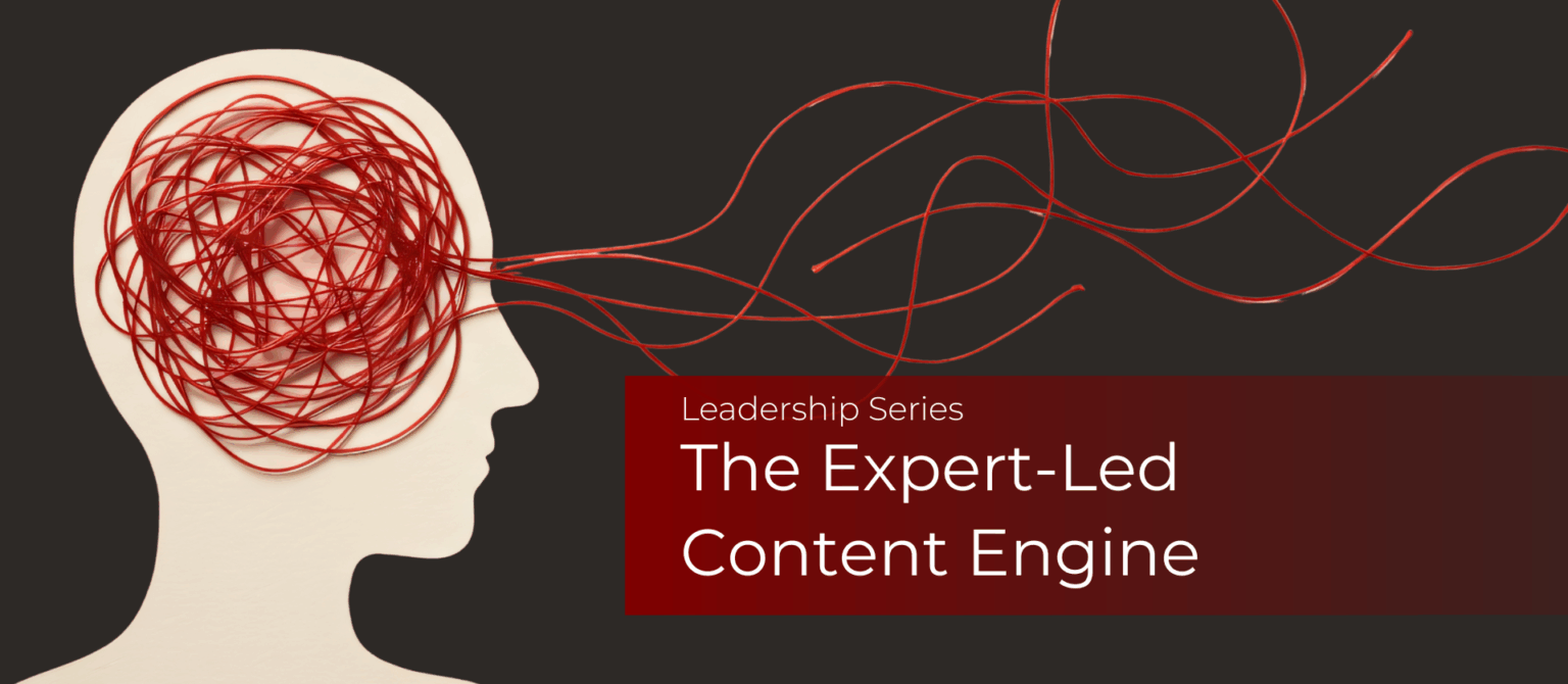 A silhouette of a person’s head filled with tangled red lines extending outward, symbolizing complex expertise organized through a thought leadership content strategy in the Expert-Led Content Engine series.