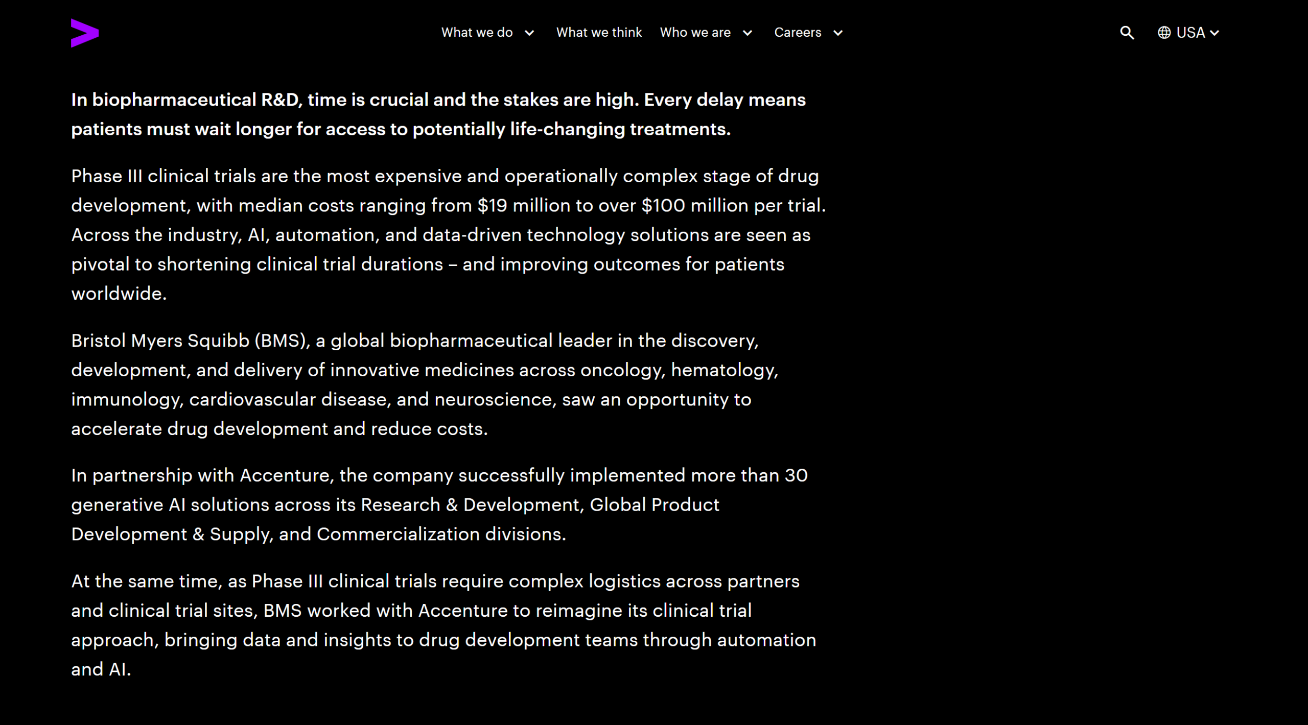 Background-heavy opening in Accenture's Bristol Myers Squibb customer case study with buried problem and results.