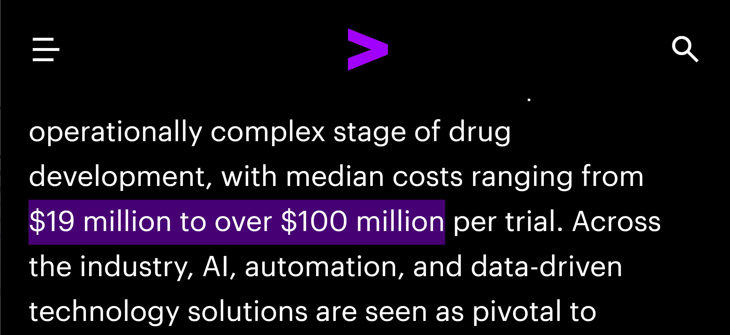 Accenture Bristol Myers Squibb case study text highlighting high clinical trial costs of $19 million to over $100 million.