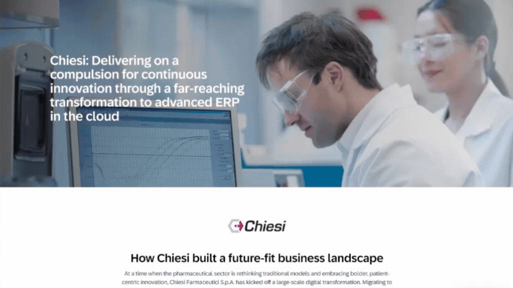 SAP Chiesi case study GIF showing full page with early metrics but narrative structure across sections.