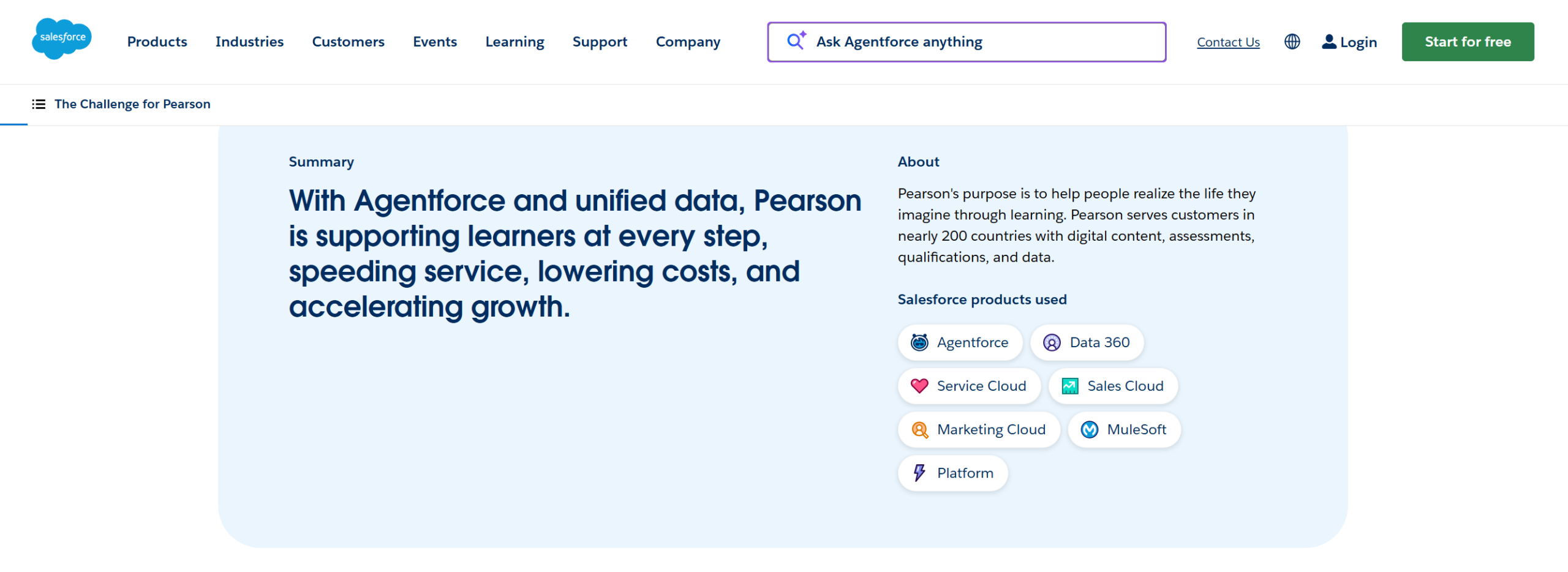 Summary section in the Salesforce Pearson customer case study has benefits without clear metrics.