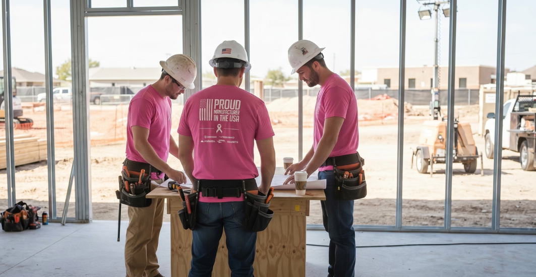 Three construction workers in pink high-vis shirts review blueprints on a jobsite, captured by The Simons Group.