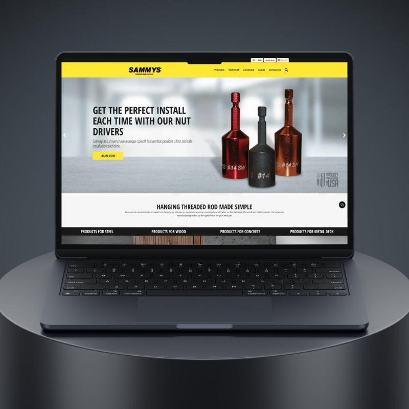 Laptop mockup displaying the Sammys threaded rod anchors website homepage layout designed by The Simons Group.