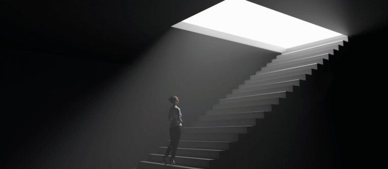 A woman climbs a dark staircase toward a bright opening, symbolizing content emerging from the B2B content review process.