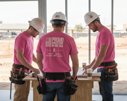 Commercial Construction Workers wearing pink breast cancer safety shirts provied by ITW Commercial Construction