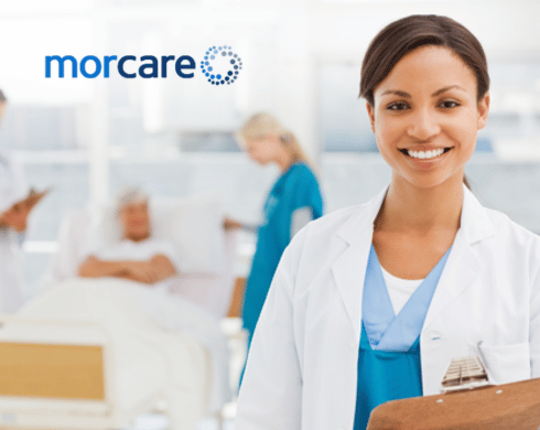 Smiling female medical professional with MorCare logo